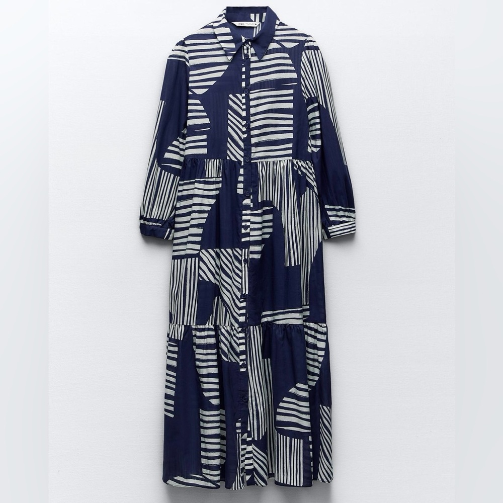 NWT! Zara Blue and White Striped Pattern Long Sleeve Printed Shirt Dress